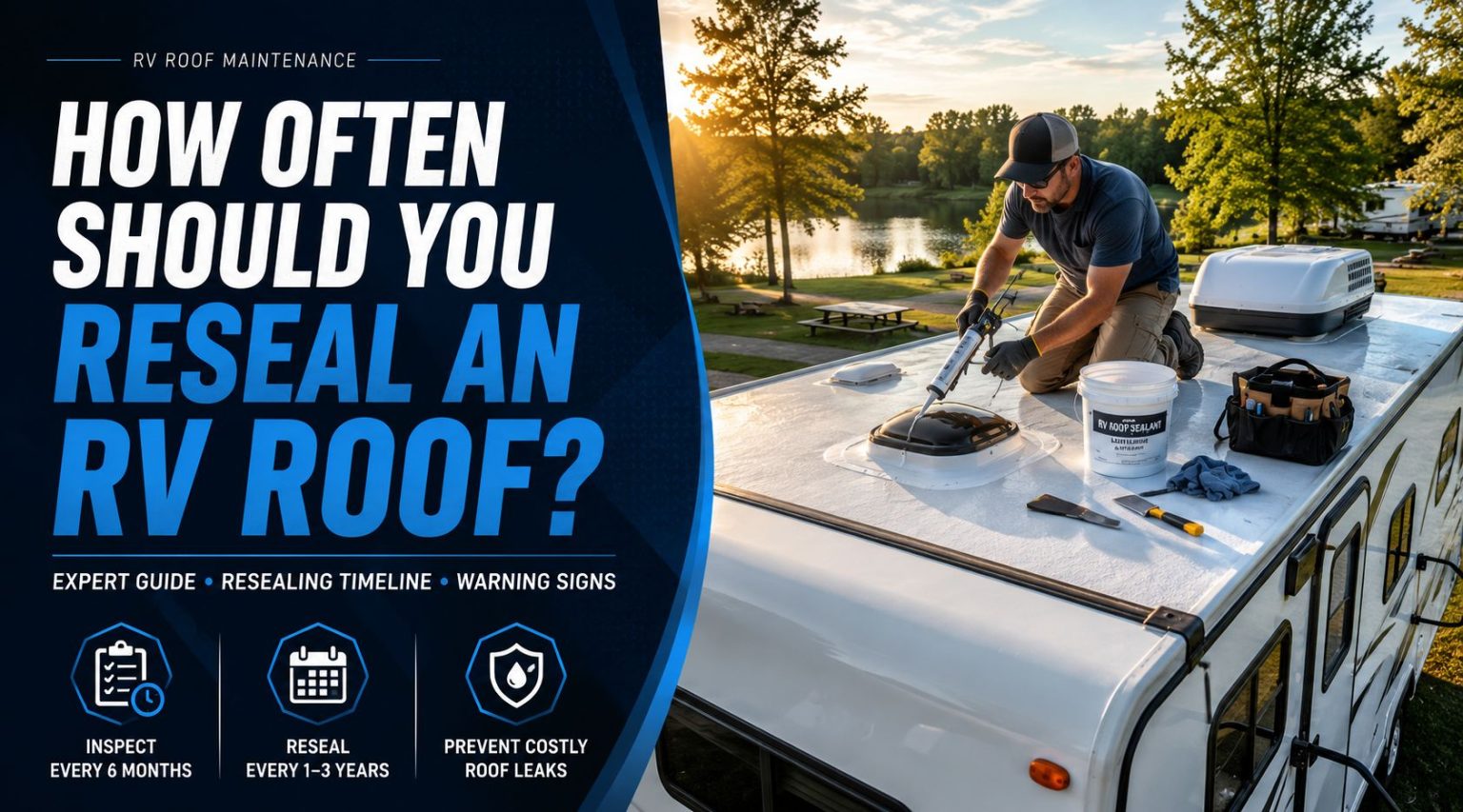 Technician sealing a vent on a white RV roof at sunset with a caulk gun, bucket and tool bag during RV roof maintenance