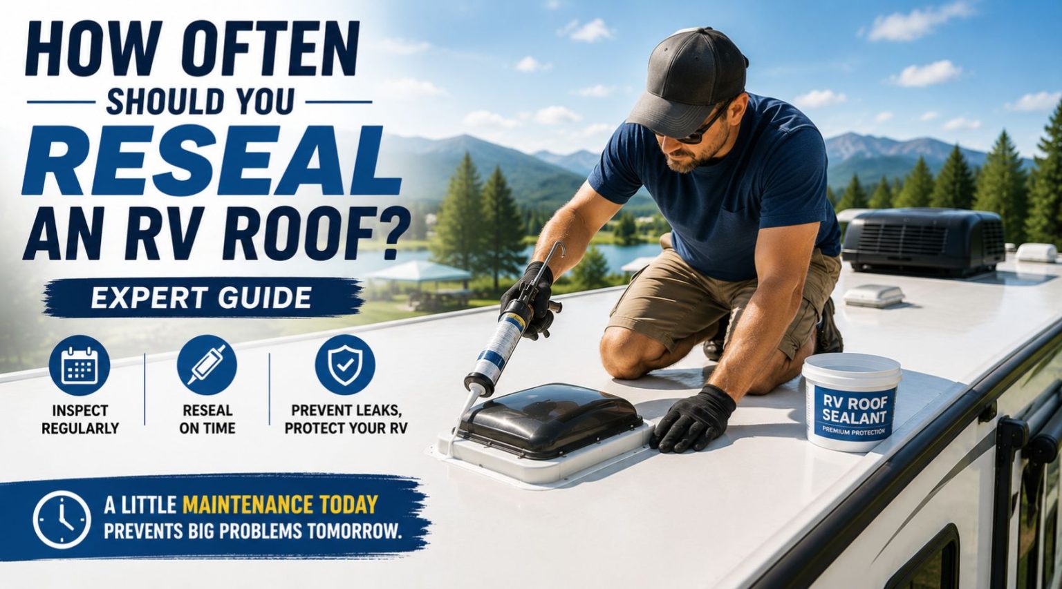 Man sealing around an RV roof vent with a caulk gun beside a tub of sealant, showing how often to reseal RV roof seams