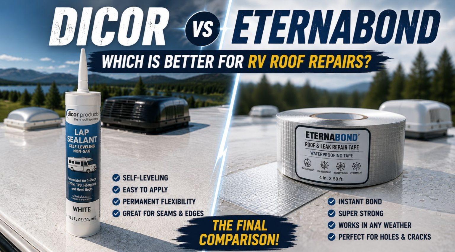 Lap sealant around an RV roof vent beside a strip of seam tape, the two products in the Dicor vs Eternabond debate