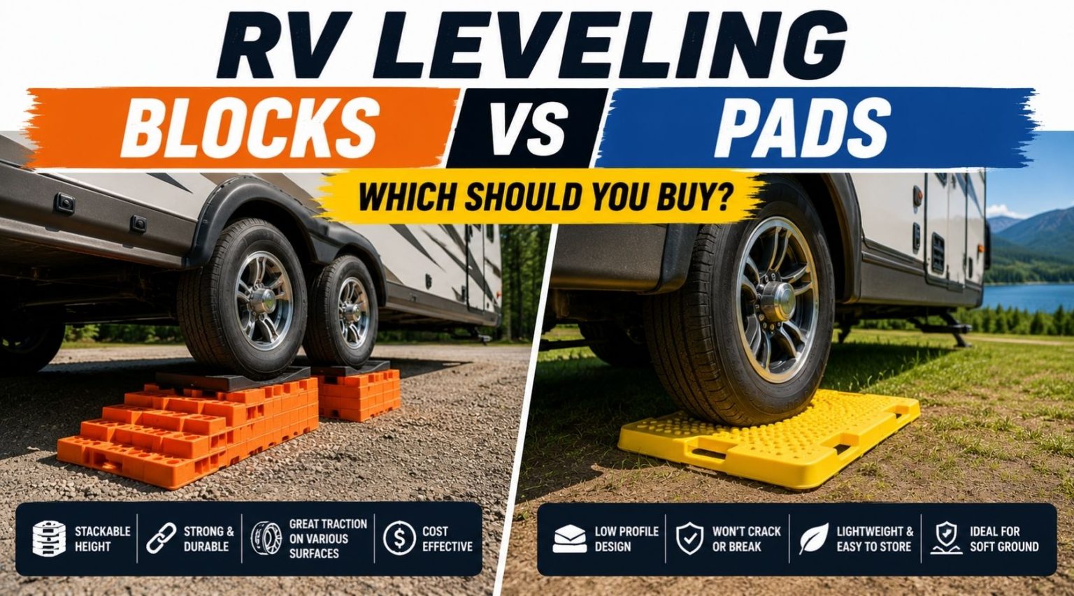 Trailer tires on stacked orange RV leveling blocks on gravel next to a tire resting on a yellow leveling pad on grass