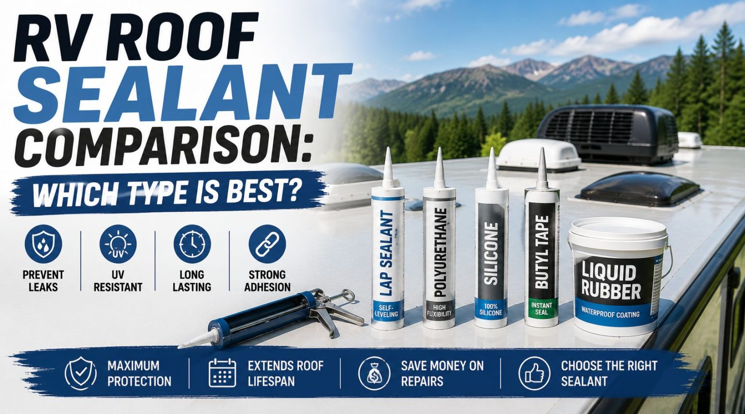 Sealant bead along an RV roof seam and vent, the kind of repair where the best RV roof sealant depends on the surface