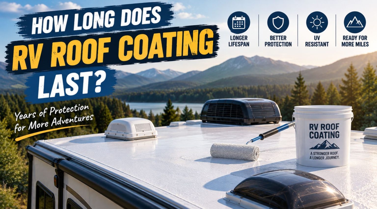 Paint roller and coating bucket on a freshly coated white RV roof, with the headline "How long does RV roof coating last?"