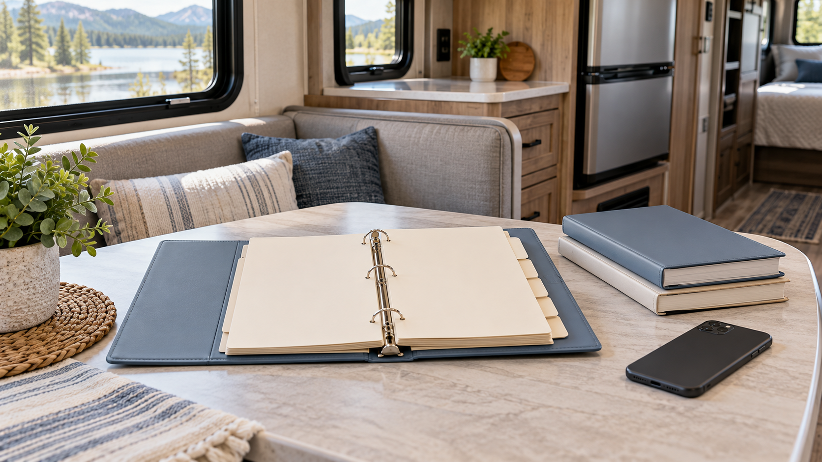 Open tabbed binder, manuals and a phone on a table inside an RV.