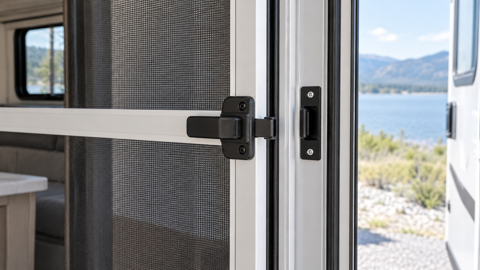 Black latch and keeper beside the mesh and white frame of an RV screen door.