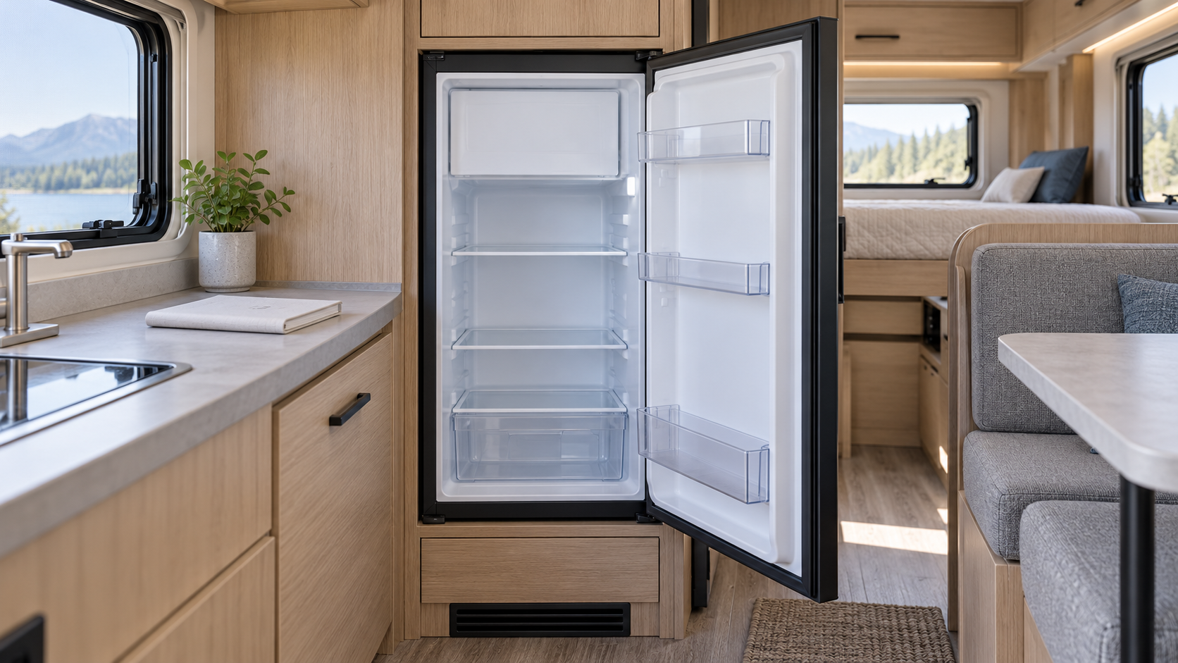 Clean empty refrigerator with its door open inside an RV.