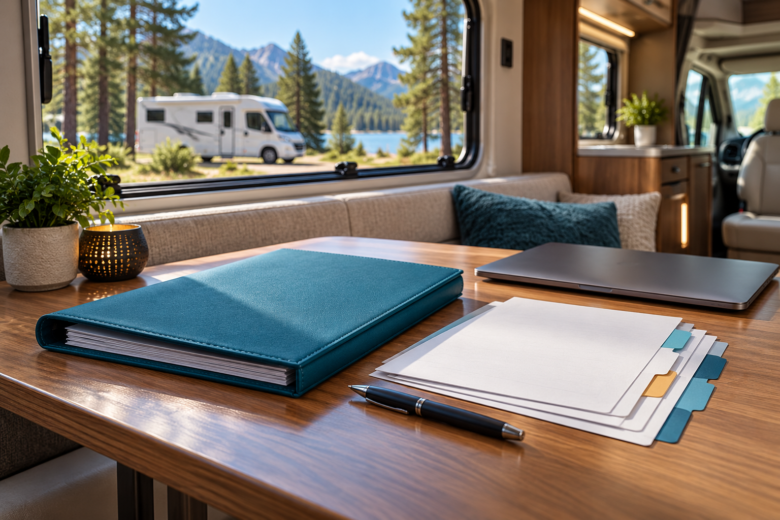 Illustration of a teal service folder, blank tabbed papers and a closed laptop on a motorhome table.