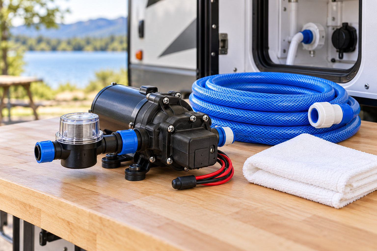 Disconnected freshwater pump, clear strainer and blue hose on a dry workbench with an RV in the background.