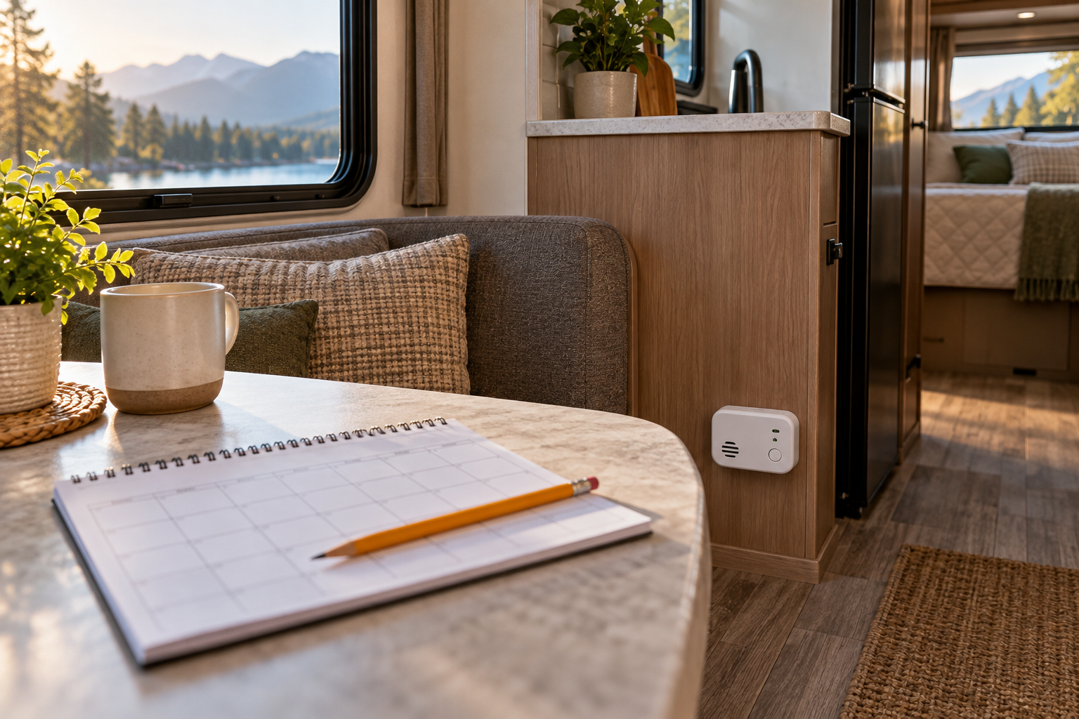 A generic gas alarm mounted low in an RV cabinet with a blank calendar on the nearby dinette.