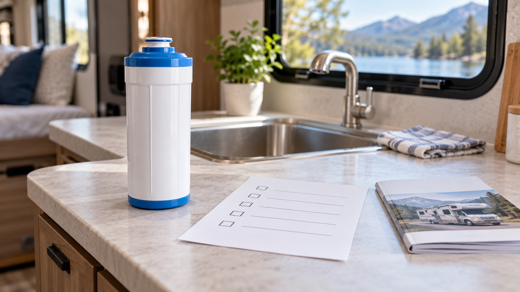 Conceptual illustration of a water-filter cartridge and a blank checklist on an RV kitchen counter.