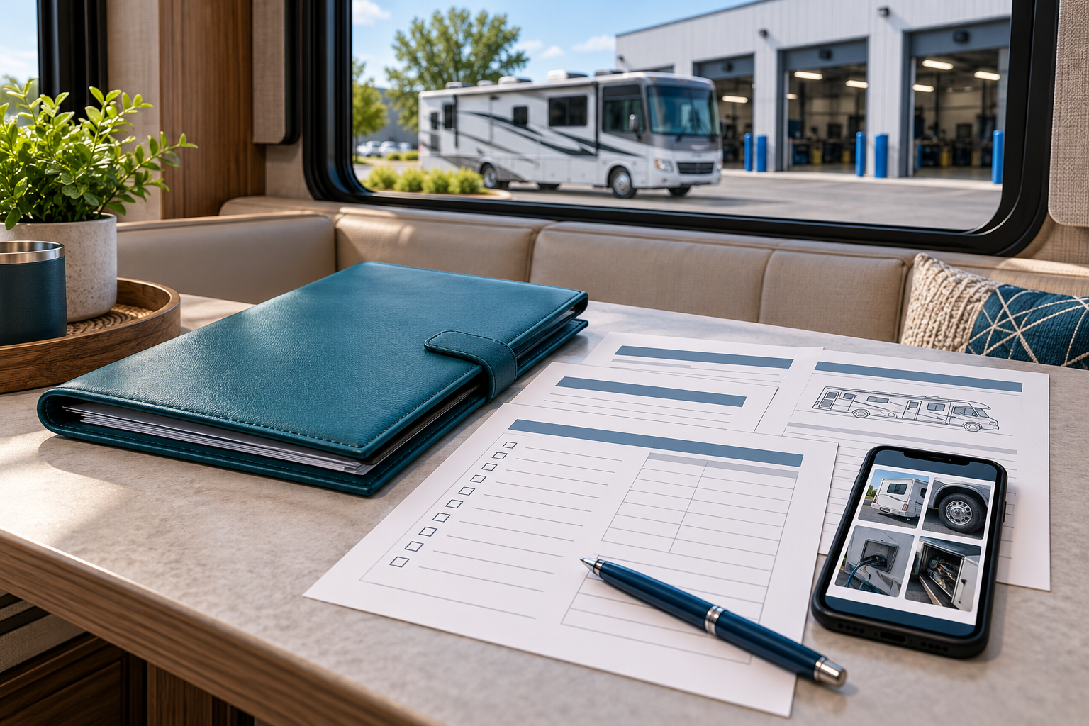 A teal folder with blank service notes and a phone on an RV dinette beside a service-bay view.